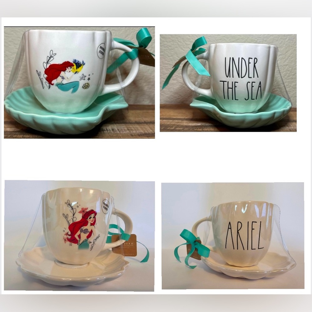 2 Rae Dunn Green Ariel and Flounder Tea Cup with Seashell Saucers NWT